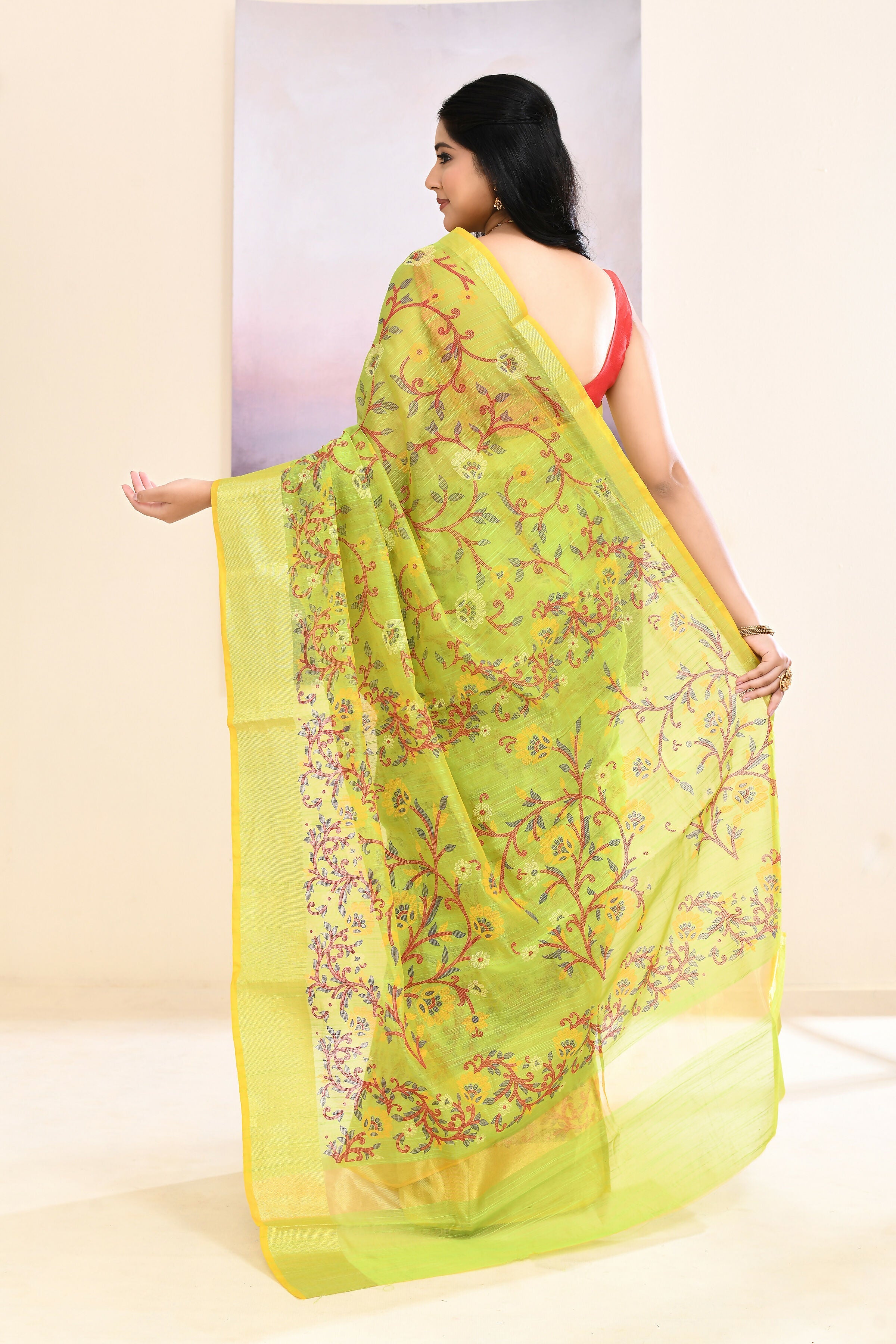 Olive Embellished Cotton Blend Printed Saree for Daily Wear