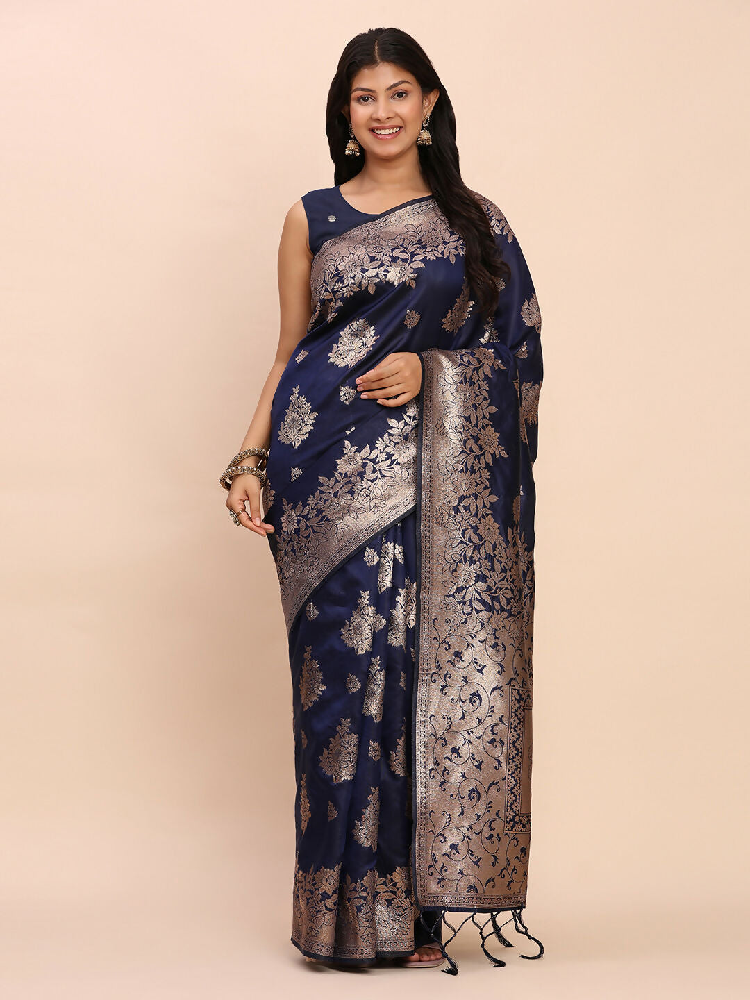 Navy Blue and Gold Banarasi Silk Saree - Traditional Ethnic Wear