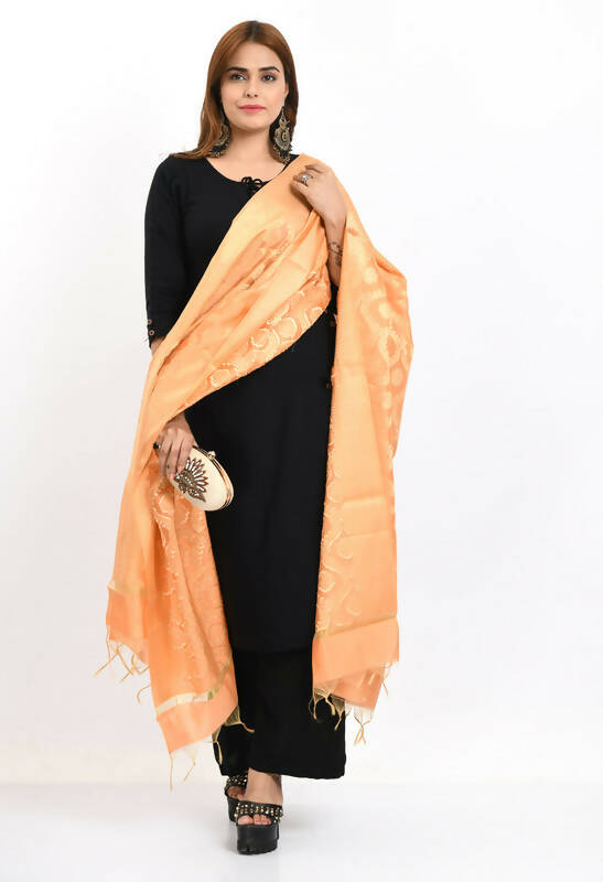 Peach Banarasi Silk Dupatta with All Over Geometric Woven Design