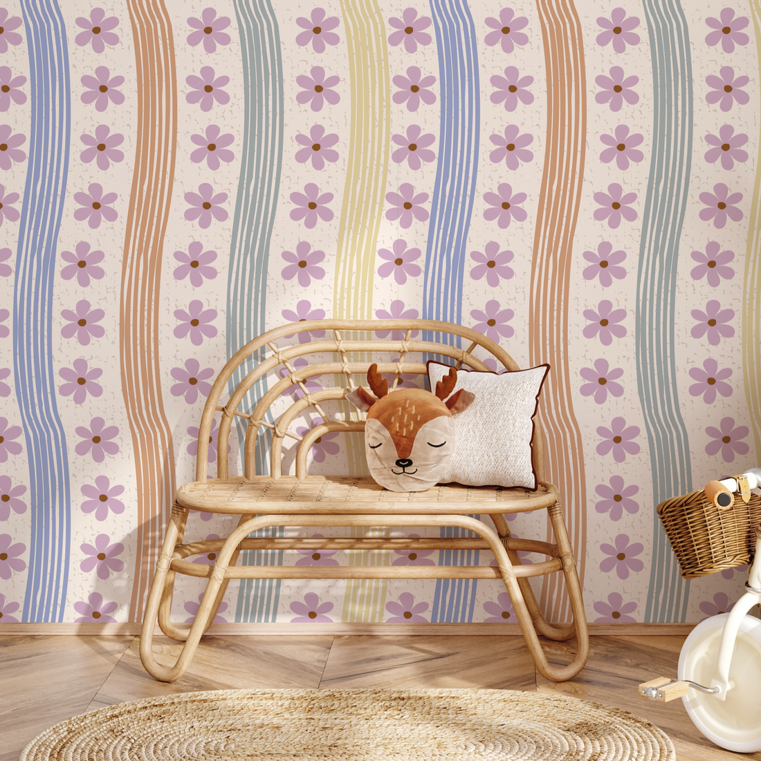 Effie floral wallpaper in lavender, terracotta, and muted-blue for a bohemian cottagecore aesthetic.