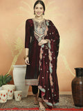 Maroon velvet straight kurta set with cording, Resham thread, and sequin embroidery with matching pants.