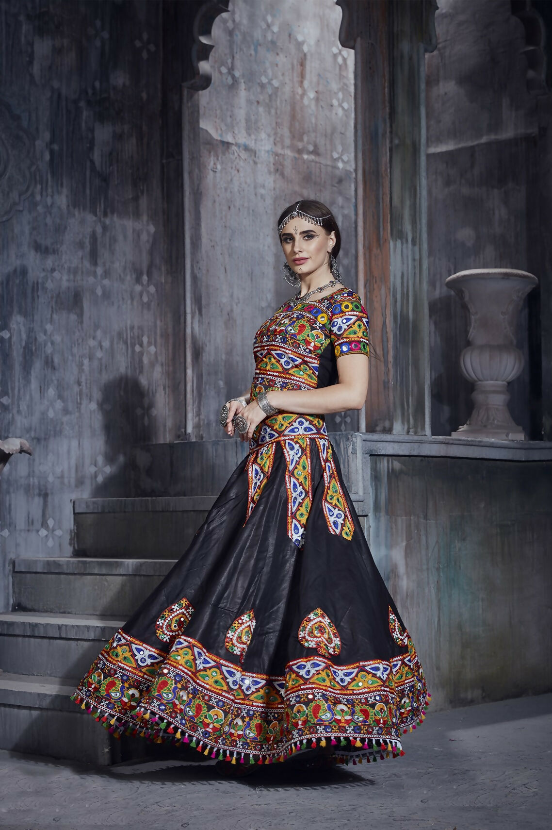 Black Art Silk Navratri Lehenga Choli with Blue Dupatta Accent