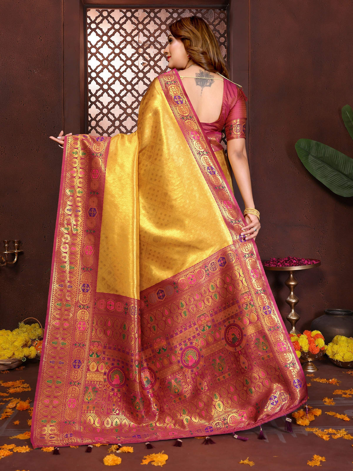 Gold Tissue Silk Weaving Saree with Maroon Blouse Piece