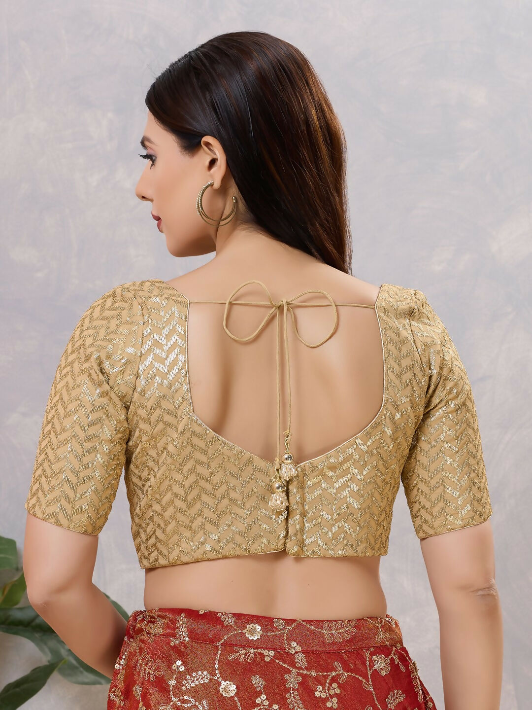 Gold Silk Stitched Blouse with V-Neck for Women