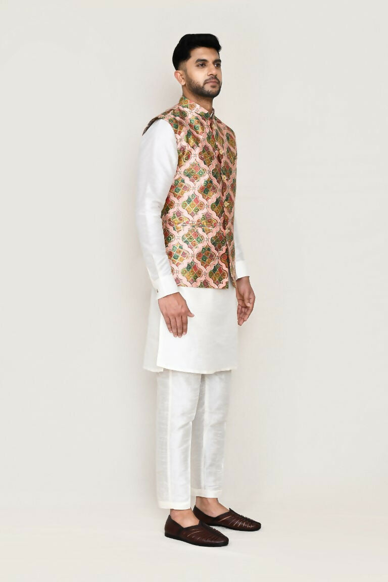 White Art Silk Kurta Set with Designer Jacket and Straight Pants