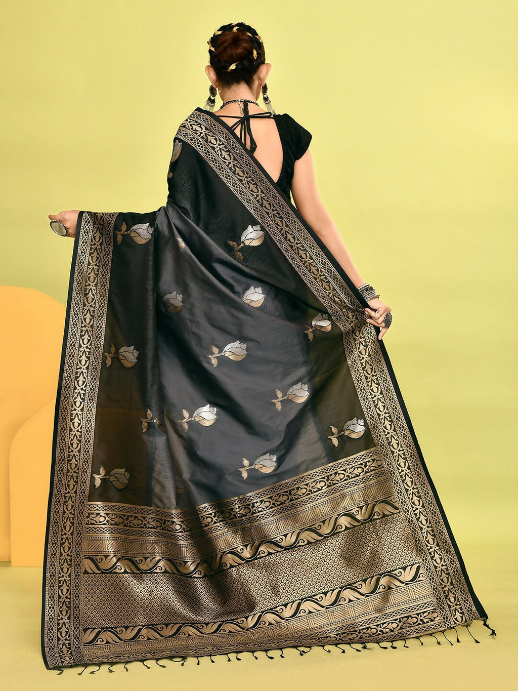 Joban Fashion Grey & Black Plain With Weaving Border Banarasi Silk Sarees