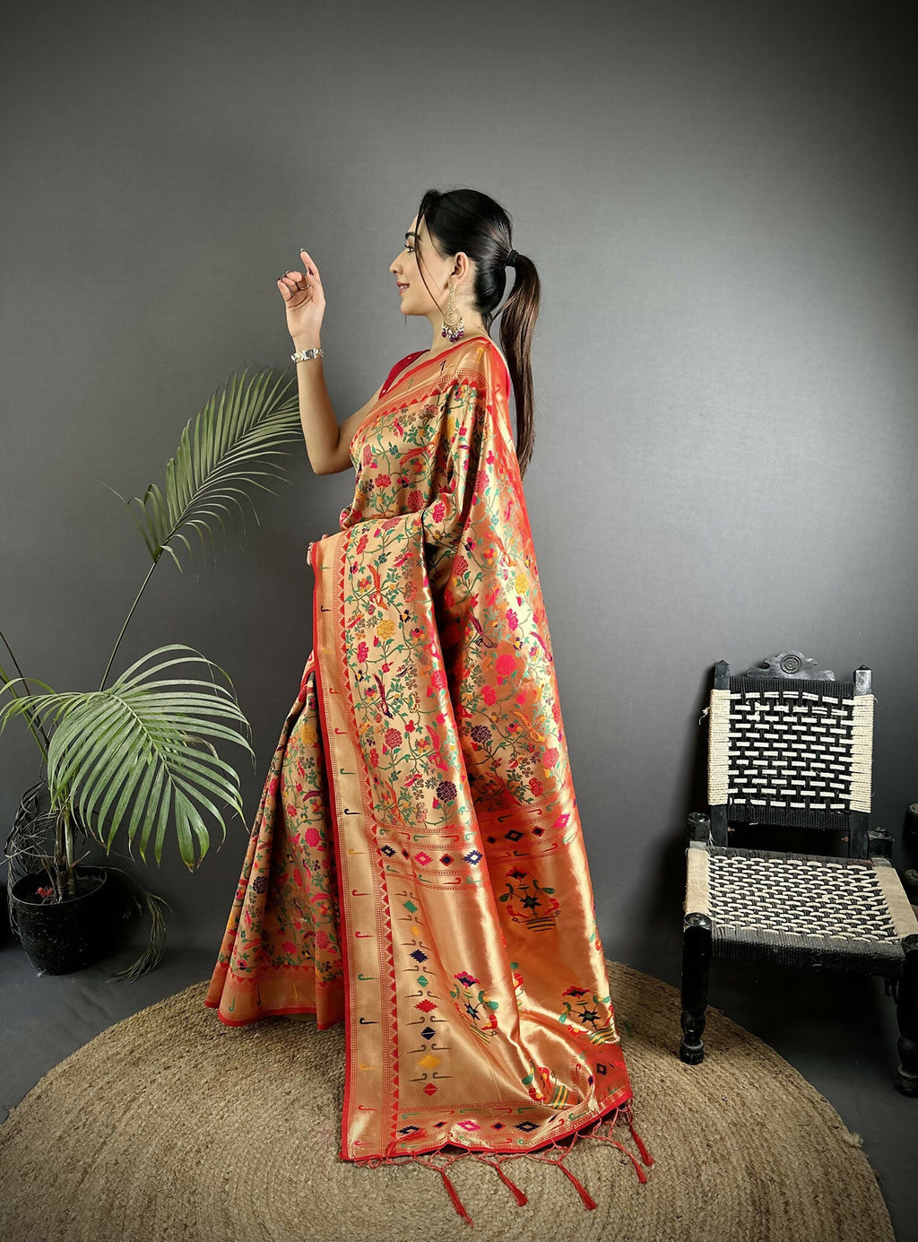 Red Soft Silk Paithani Saree with Bird and Floral Motifs