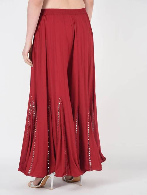 Maroon Flared Viscose Rayon Palazzo Pants with Mirror Lace Work