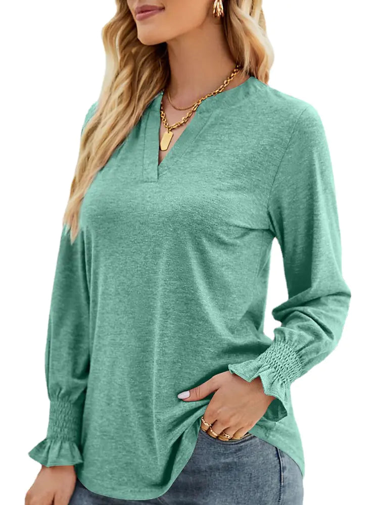 Women Long Sleeve V-Neck Lightweight Sweatshirt with Smocked Cuffs - Image 24