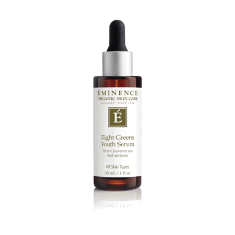 Bottle of Eminence Eight Greens Youth Serum 1 oz for youthful, firm skin