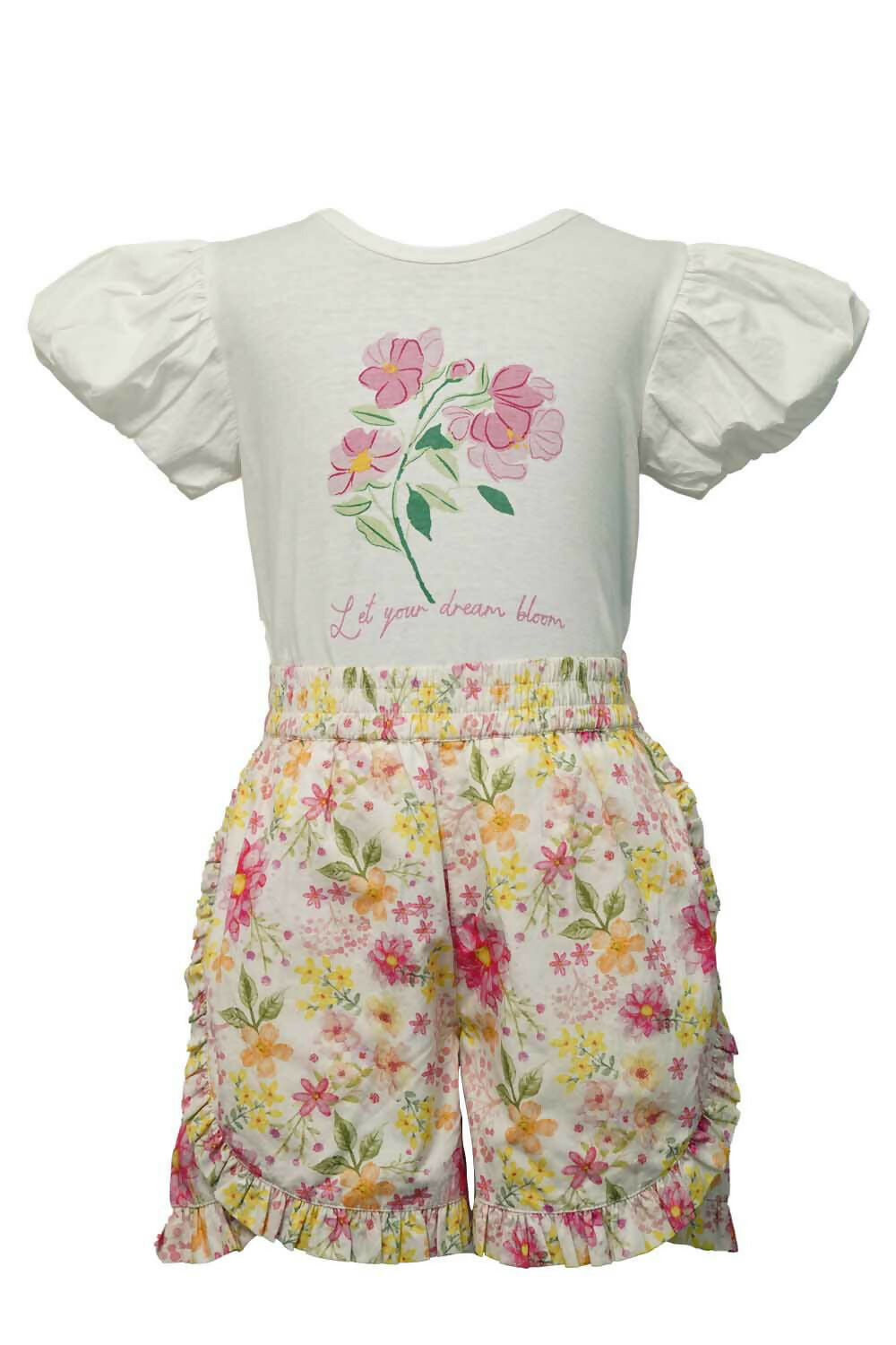 Girls Floral Puff Sleeve Tee and Shorts Set in Cotton