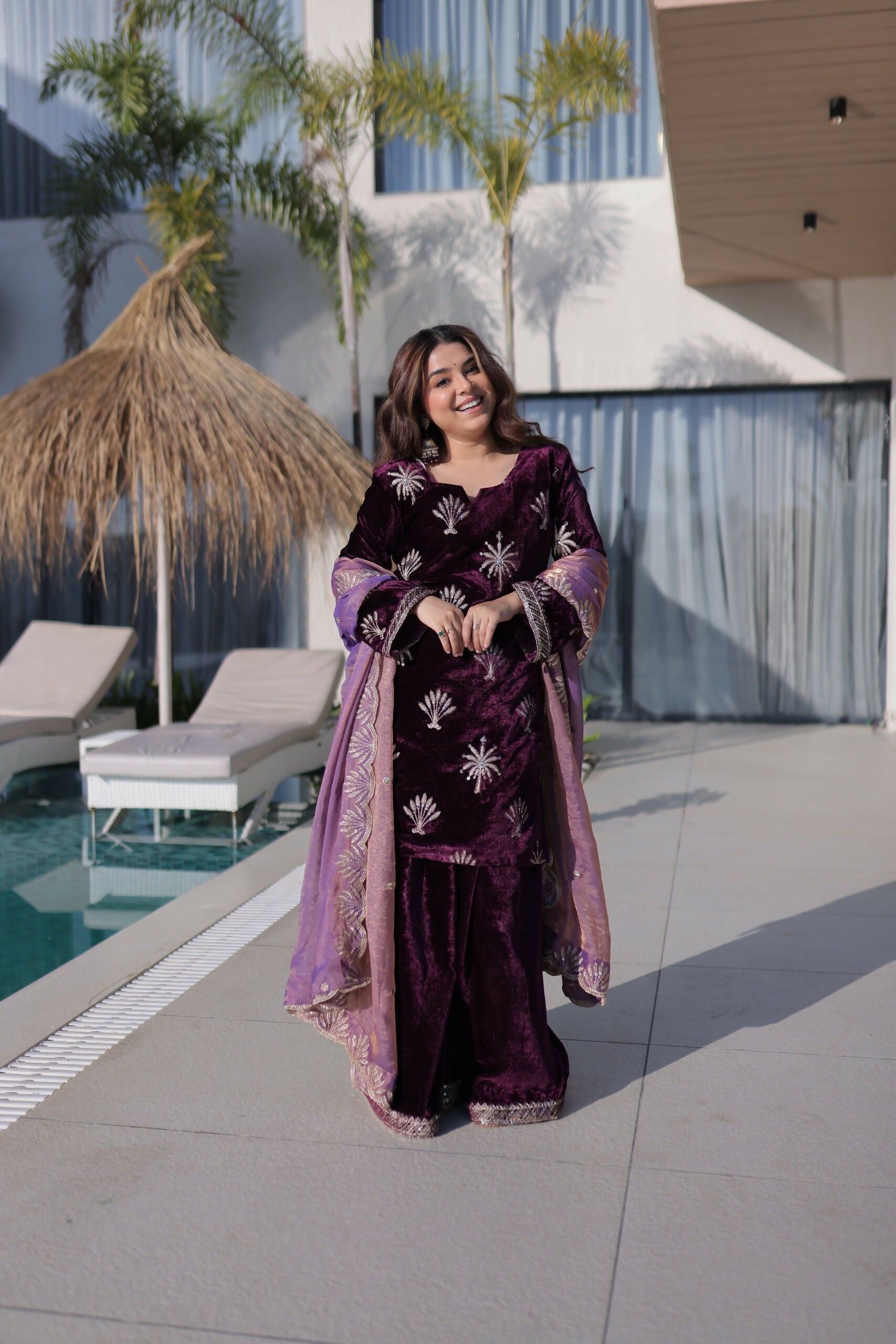Elegant maroon velvet kurta set with sequence and embroidery work