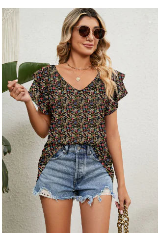 Casual Women's V Neck Ruffle Sleeve T-Shirt Blouse