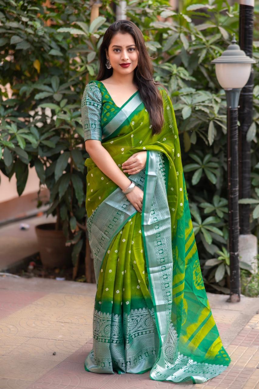 Green Jute Silk saree with Bandhani print and cut broaso border