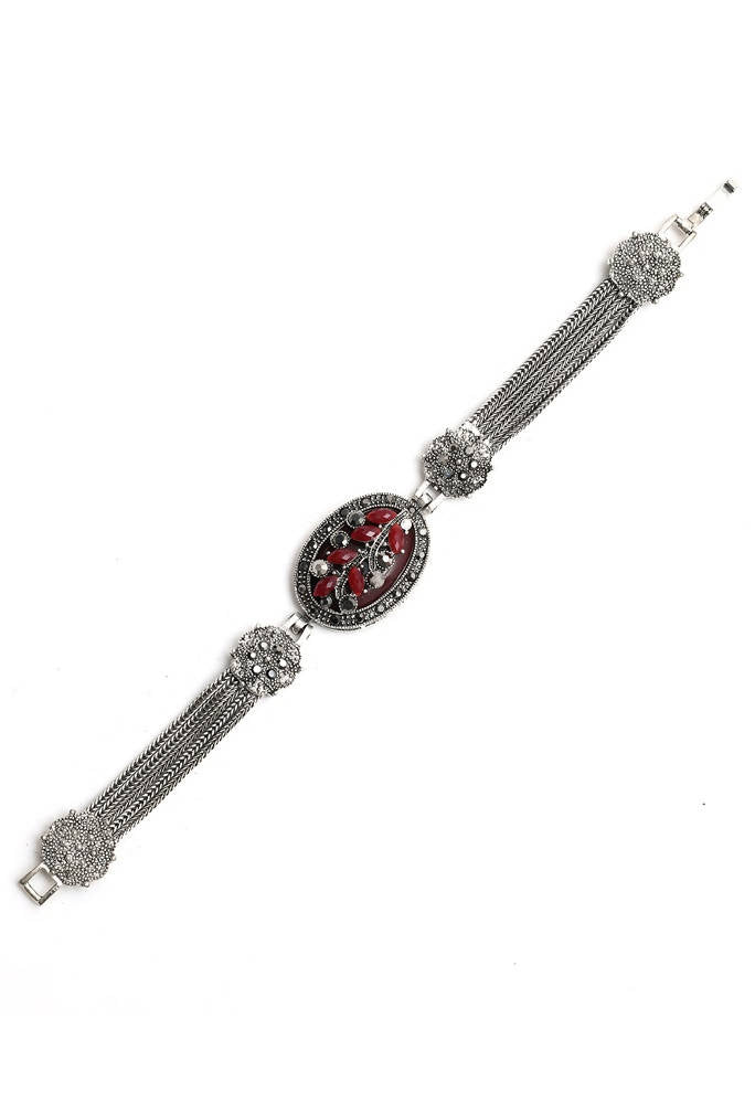 Handcrafted Oxidised Silver Ethnic Bracelet with Red & Black Accents