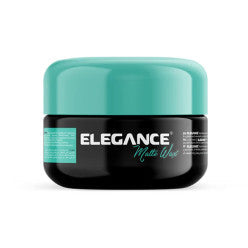 Elegance matte hair wax in a glossy black jar with a teal cap on a neutral background.