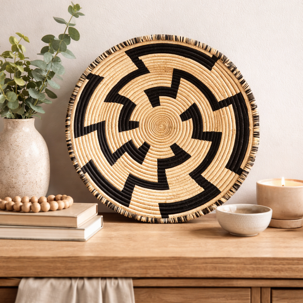 Handcrafted Maze Ugandan basket featuring a black and natural geometric pattern.