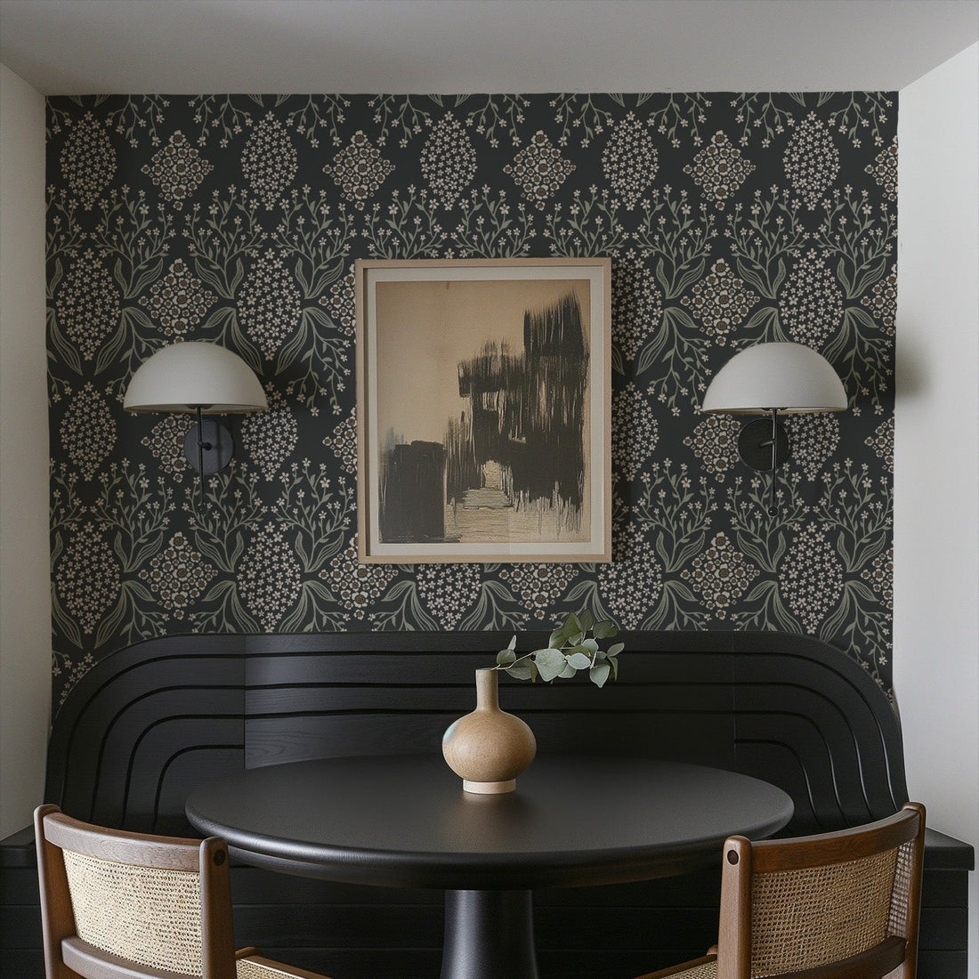 Priscilla floral wallpaper in charcoal, dusty-pink, sage-green, and cream