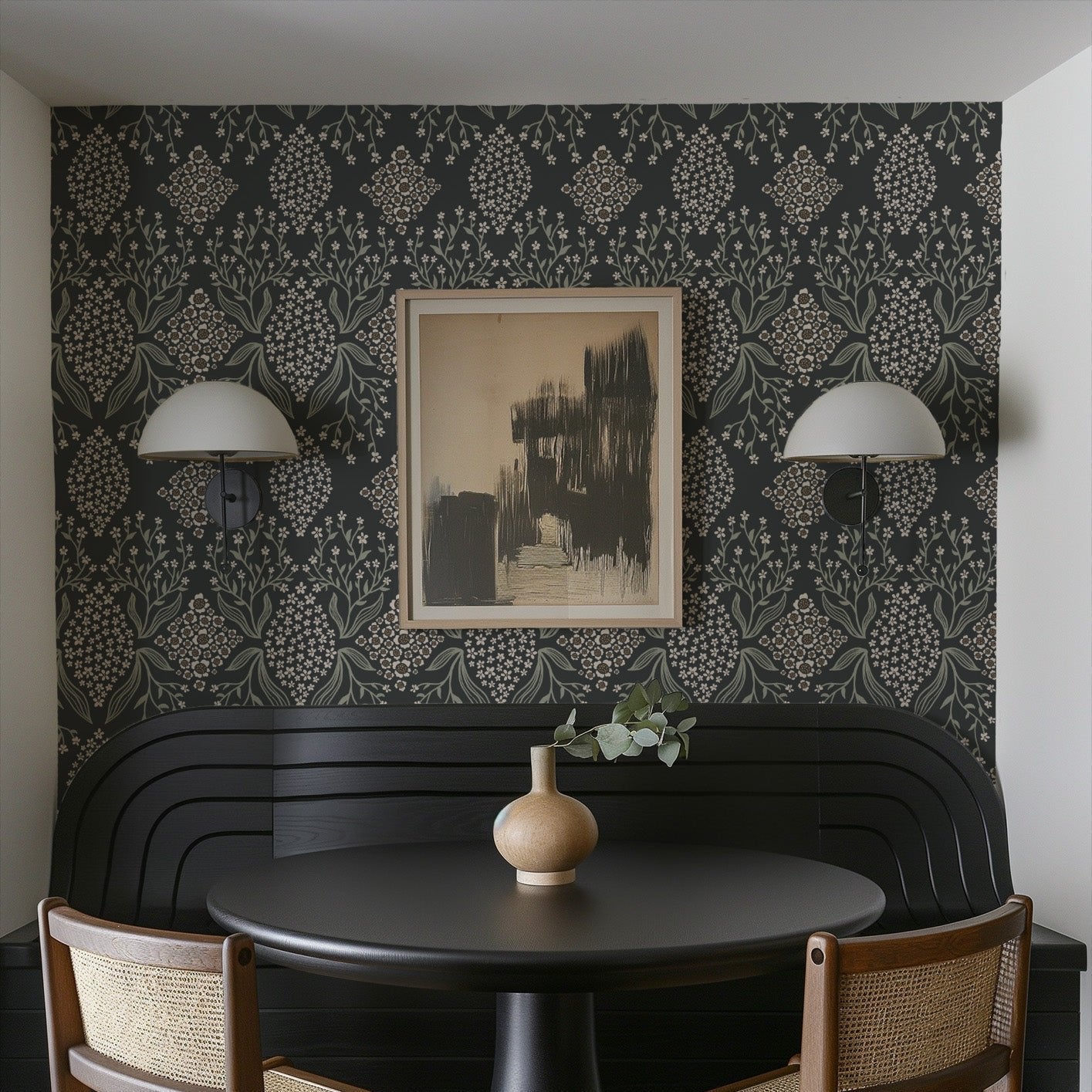 Priscilla floral wallpaper in charcoal, dusty-pink, sage-green, and cream
