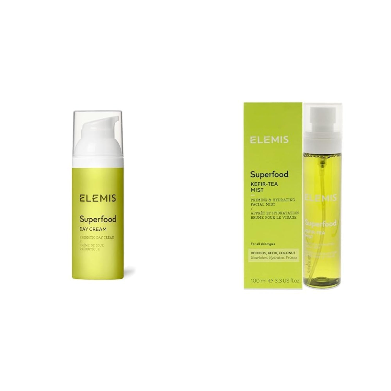 Elemis Superfood Multi Mist 100mL bottle in green, clear, and white packaging