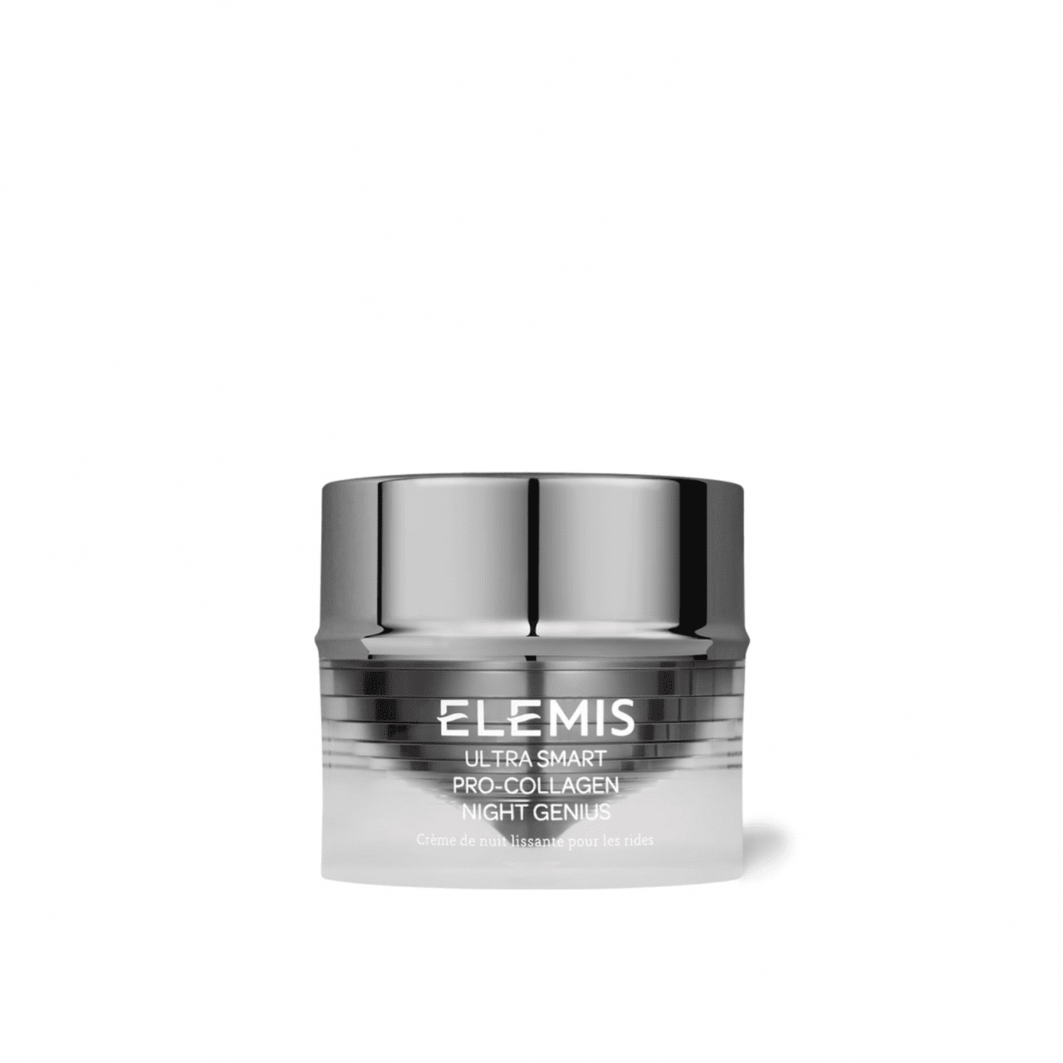 Luxury silver and clear jar of Elemis ULTRA SMART Pro-Collagen Night Genius 50mL