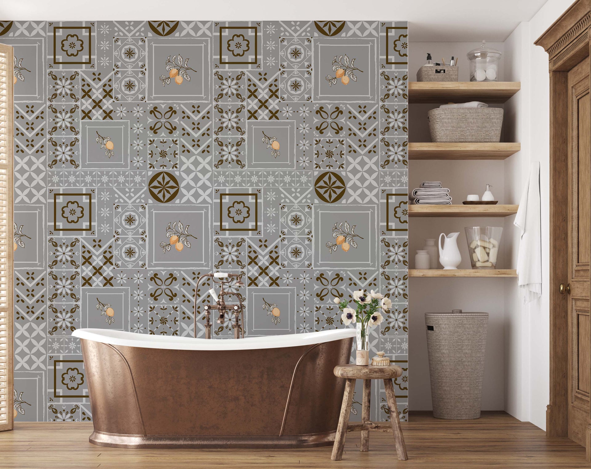 Meena Geometric Wallpaper in Grey, Gold, and White