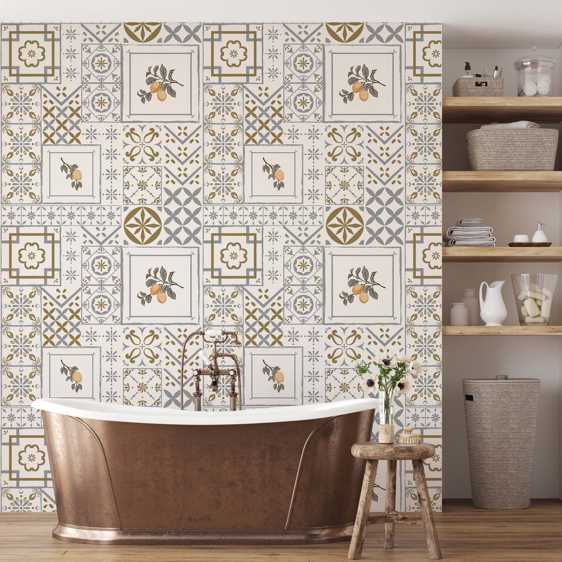 Close up of Meena geometric wallpaper featuring grey, gold, and white patterns