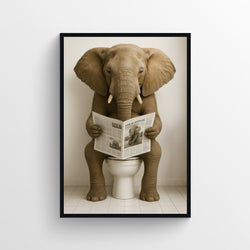 Photorealistic elephant lifting its trunk out of a white clawfoot bathtub for bathroom wall art