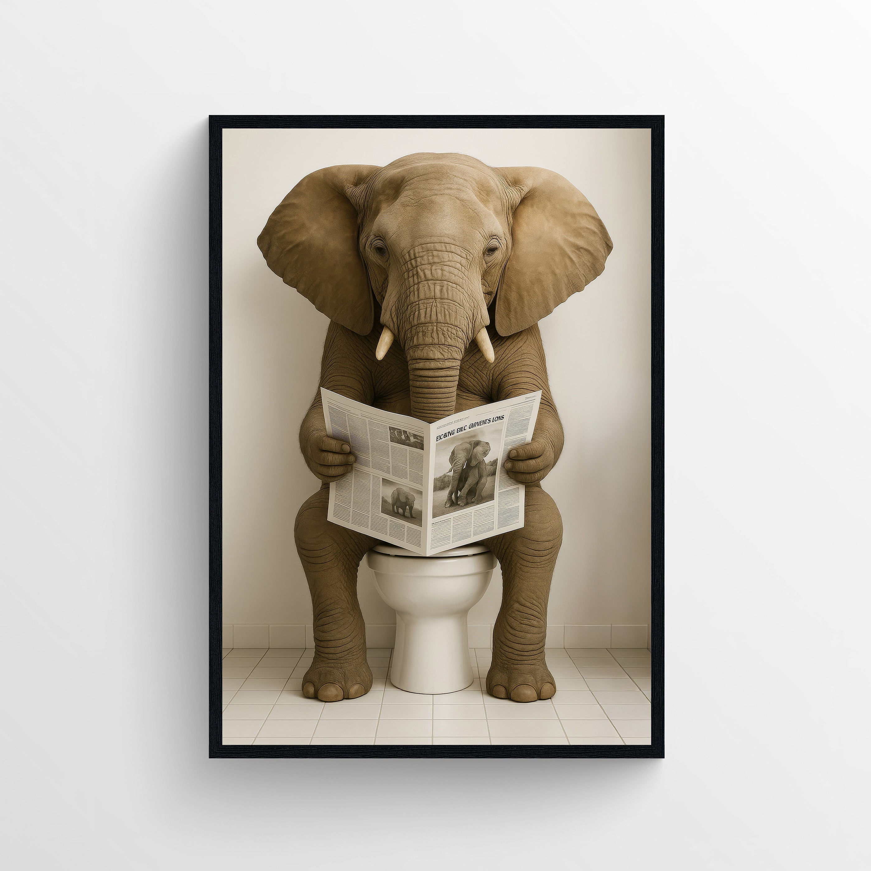 Photorealistic elephant lifting its trunk out of a white clawfoot bathtub for bathroom wall art