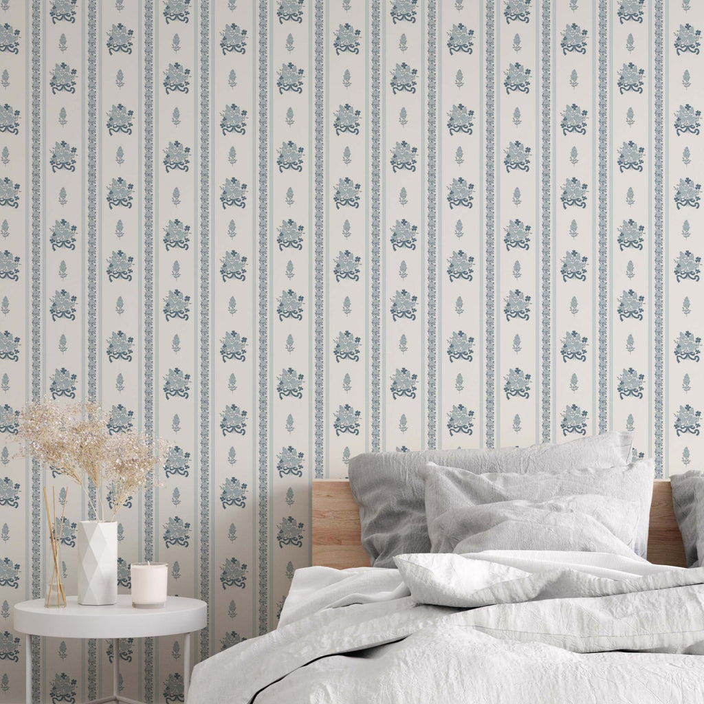 Elodie floral removable wallpaper with white, blue, and pink petals for a classic cottagecore aesthetic.