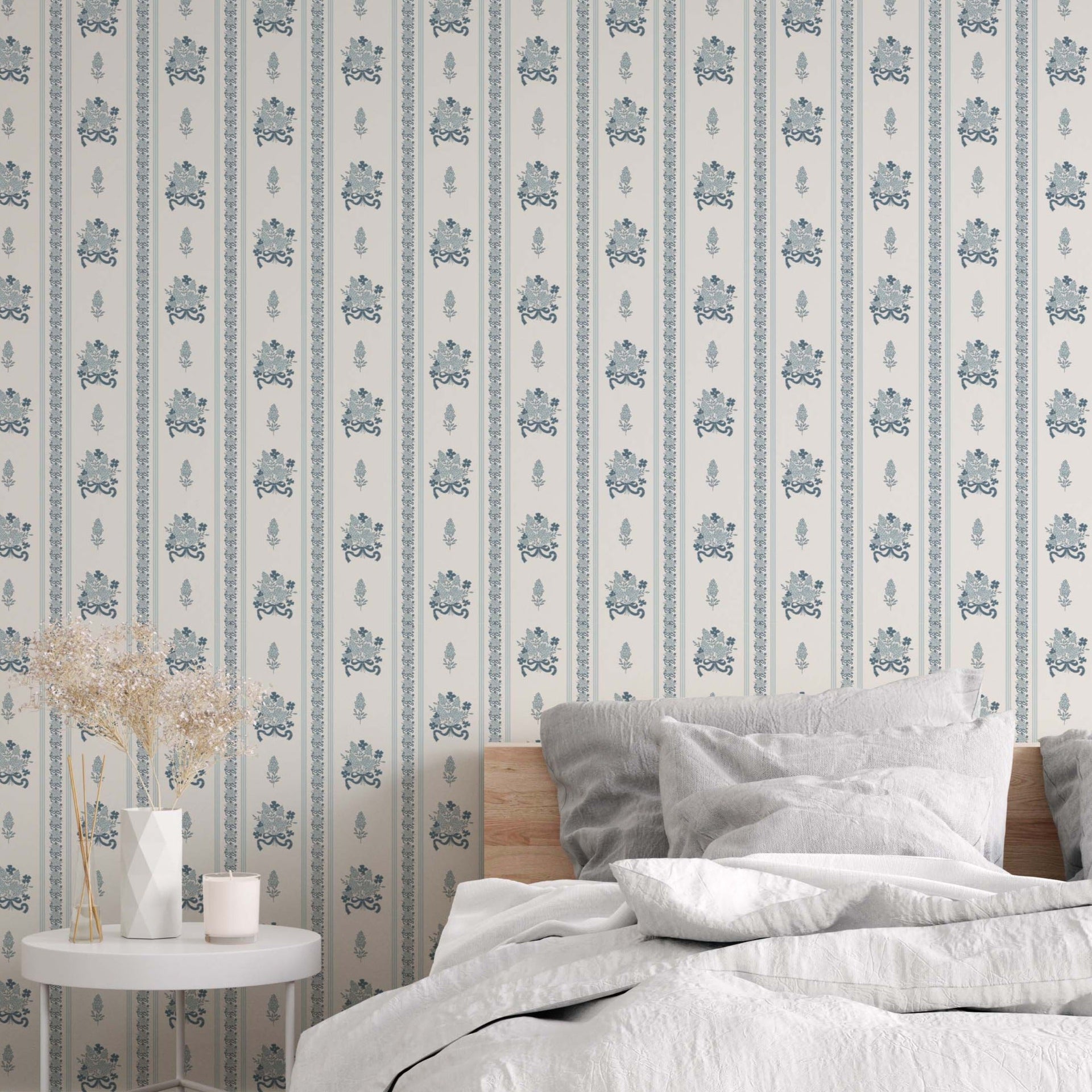 Elodie floral removable wallpaper with white, blue, and pink petals for a classic cottagecore aesthetic.