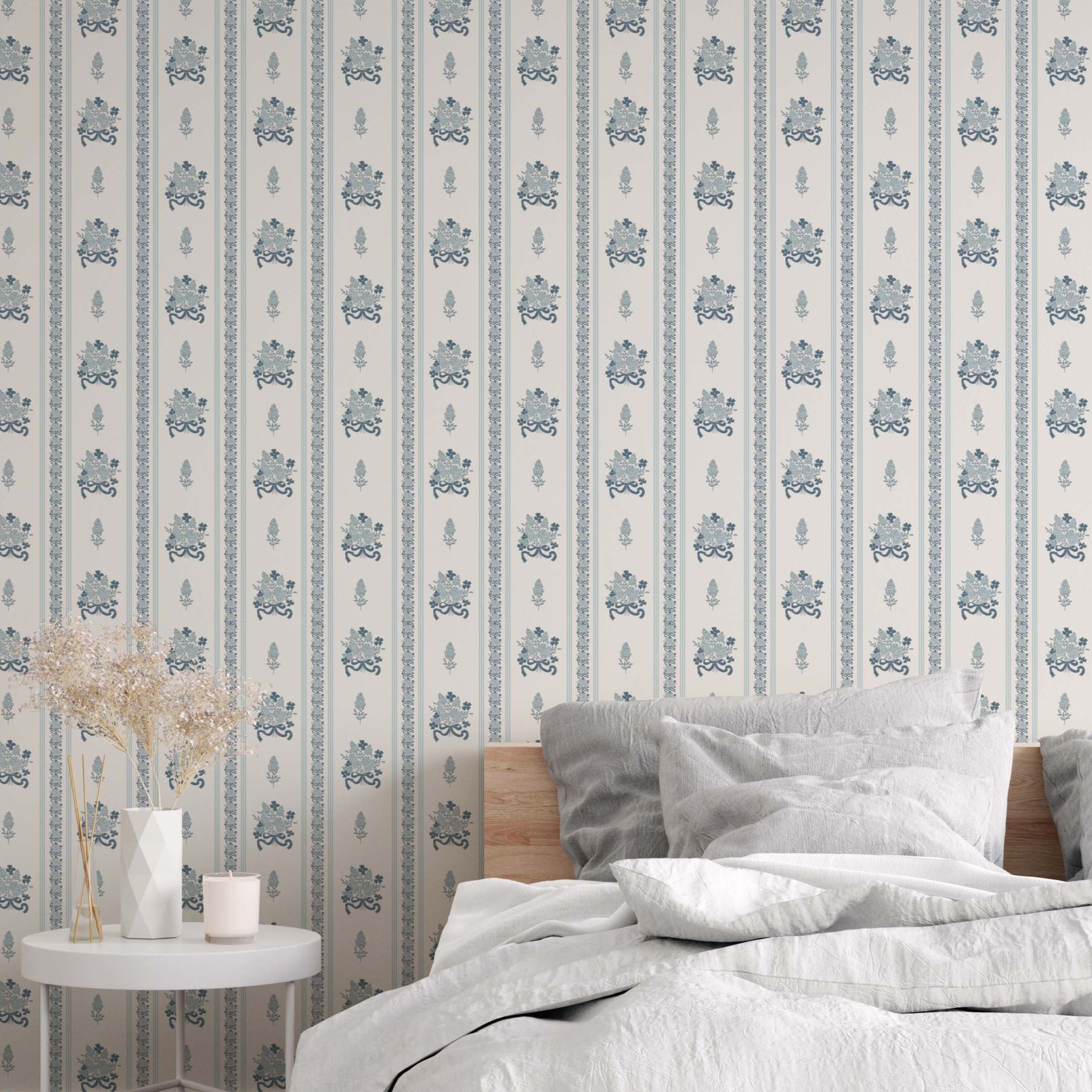 Elodie floral removable wallpaper with white, blue, and pink petals for a classic cottagecore aesthetic.