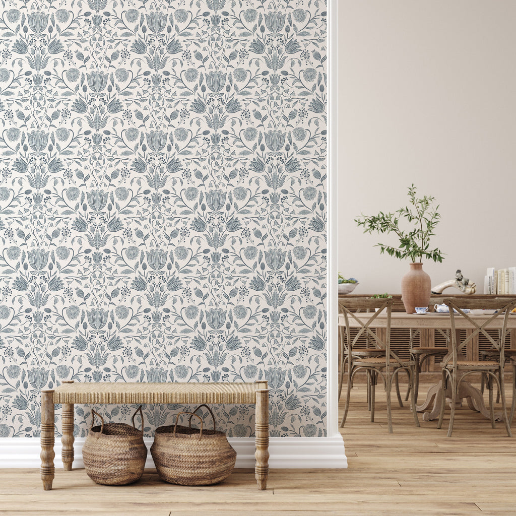 Elowyn Floral Removable Wallpaper in Blue & Off-White