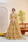 Light Golden Butterfly Net Lehenga with white cotton thread and sequence work embroidery