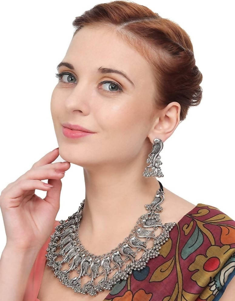 Parrot Motif Oxidised Silver Choker with Ghungru Details