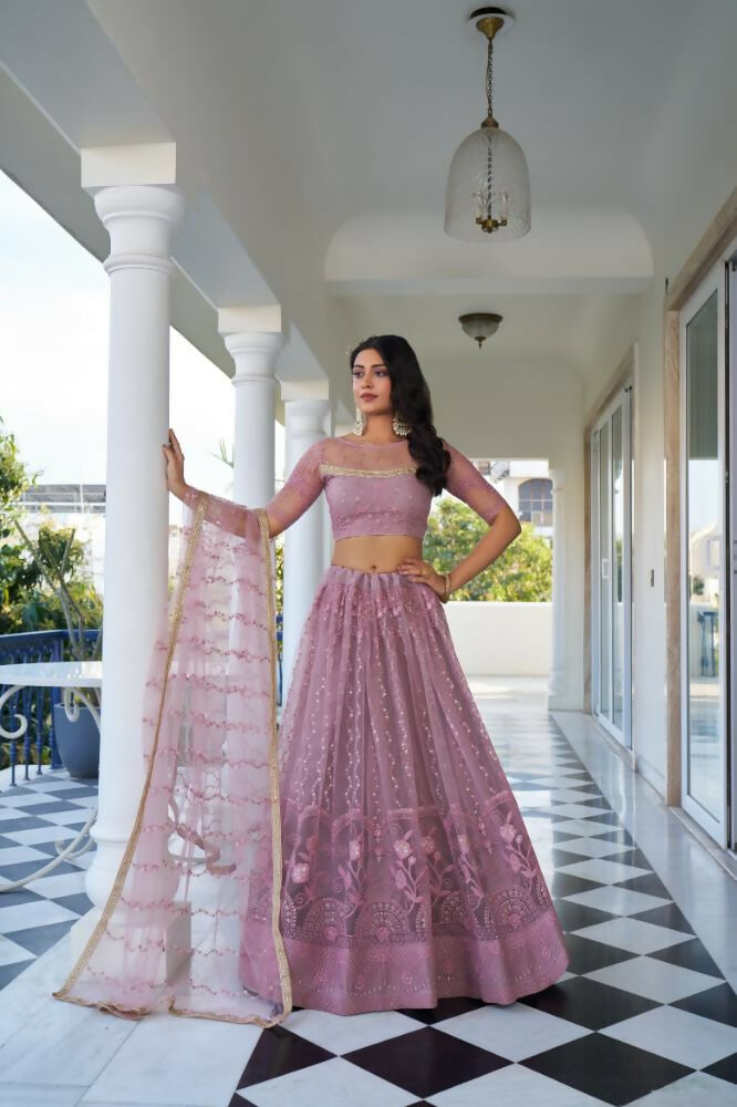 Dusty Pink Butterfly Net Lehenga with Cotton Thread and Sequence Work
