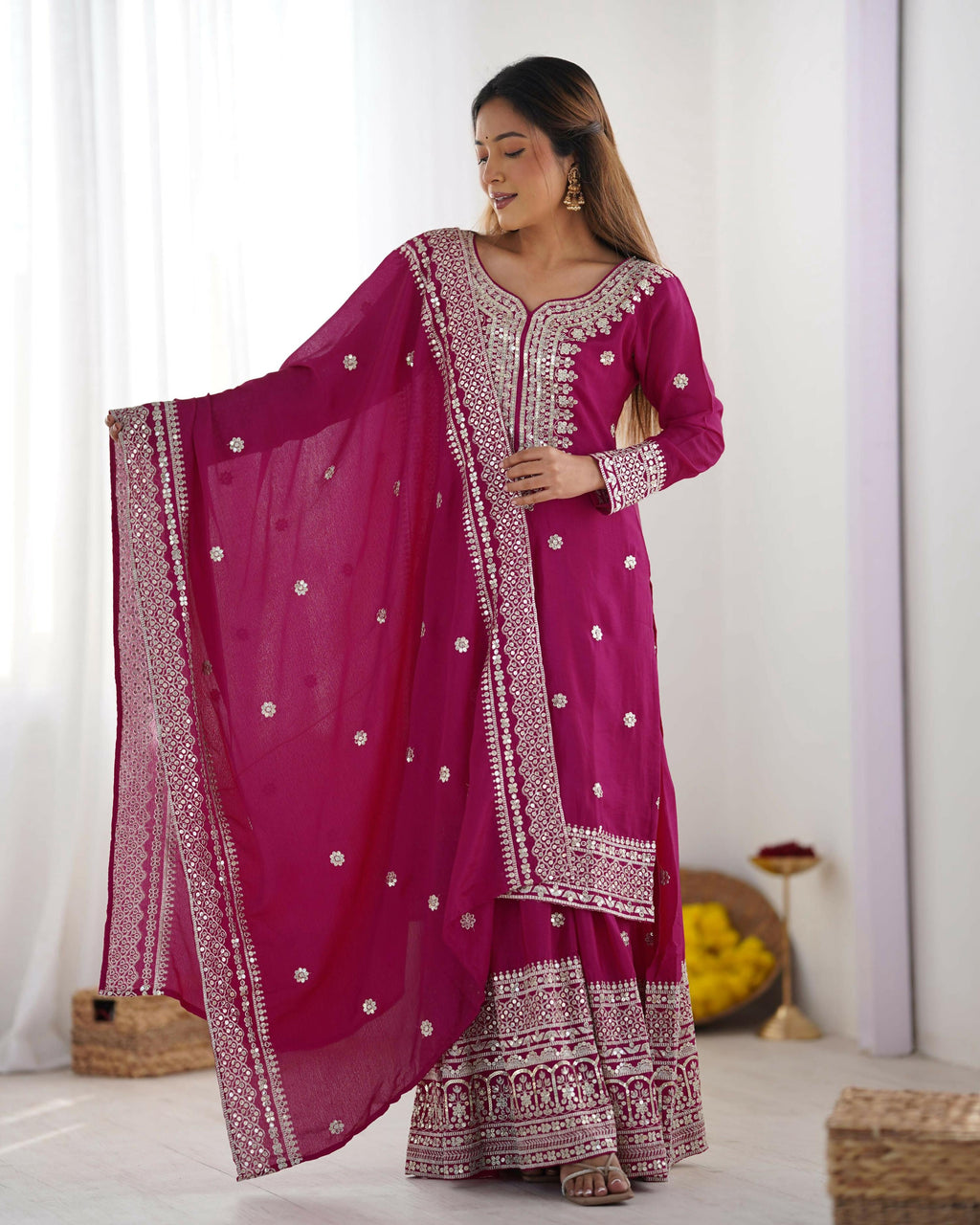Pink Silk Kurta Set with Sequins, Zari, and Thread Embroidery