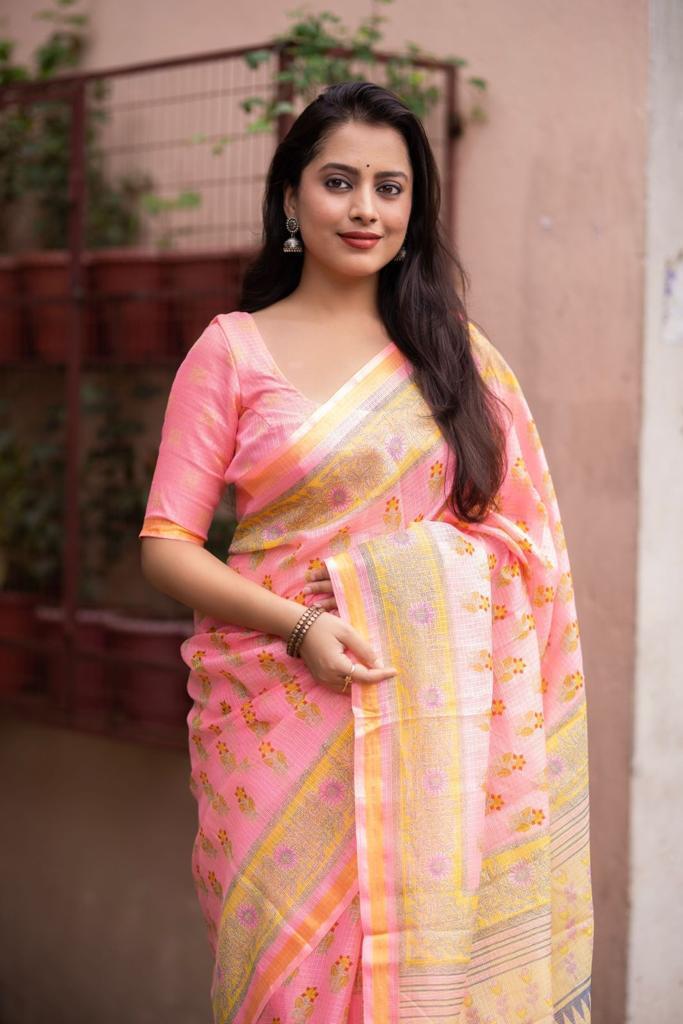 Pink Silk Blend Geometric Saree with Woven Pattu Border