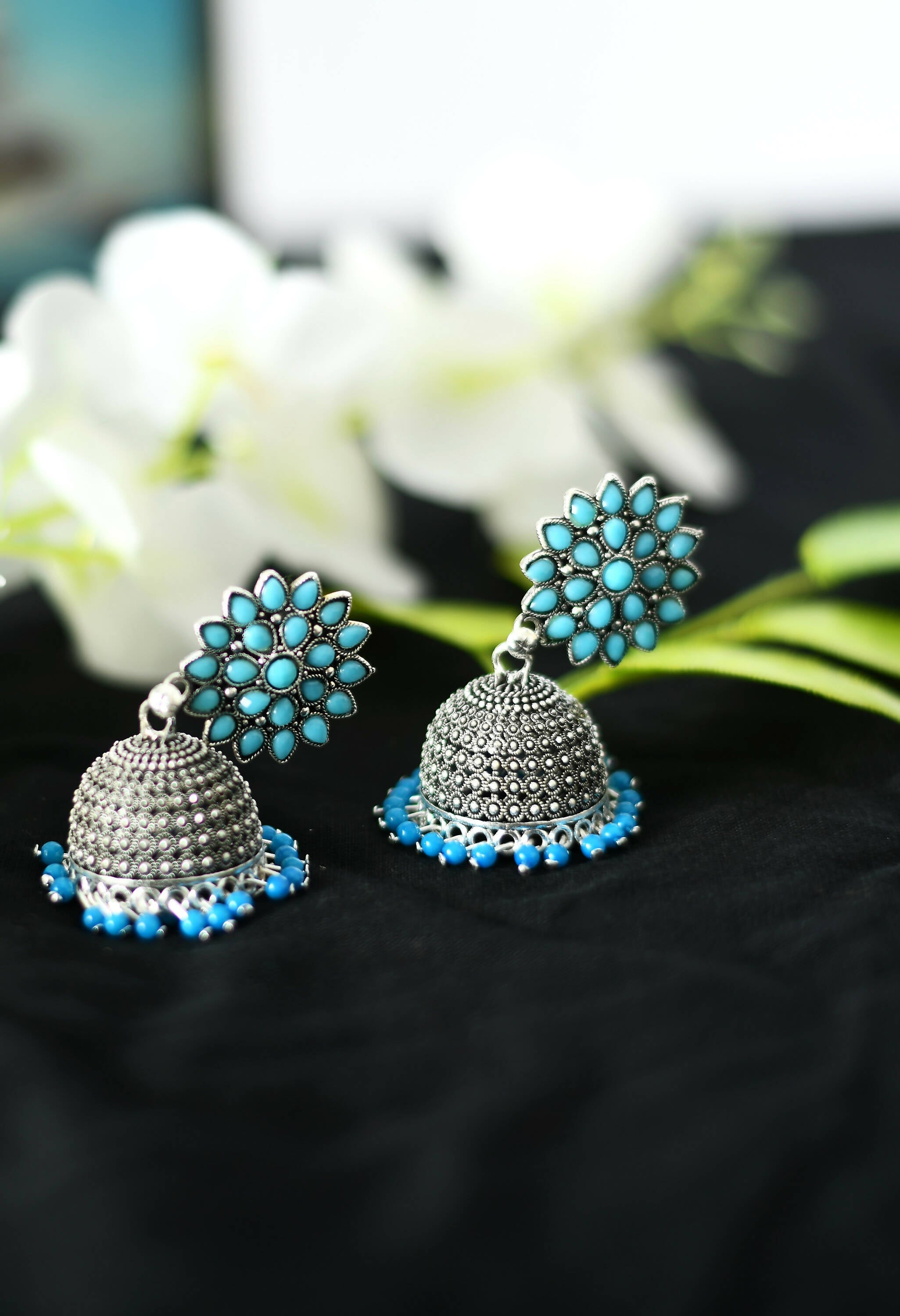 Joharkamal Kundan Jhumka Earrings with Sky Blue Beaded Accents