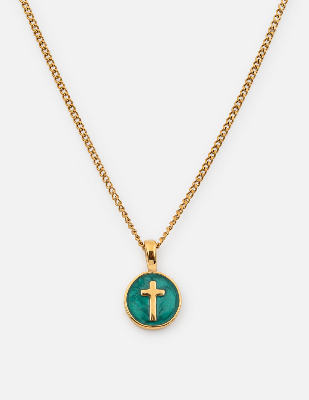 Emerald Agape Cross Pendant Necklace featuring a delicate religious design on a chain.