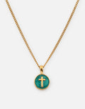 Emerald Agape Cross Pendant Necklace featuring a delicate religious design on a chain.