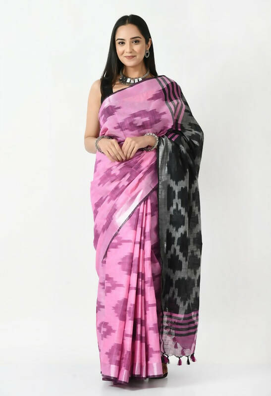Pink and Black Bhagalpuri Ikat Pure Cotton Saree with traditional weaving.