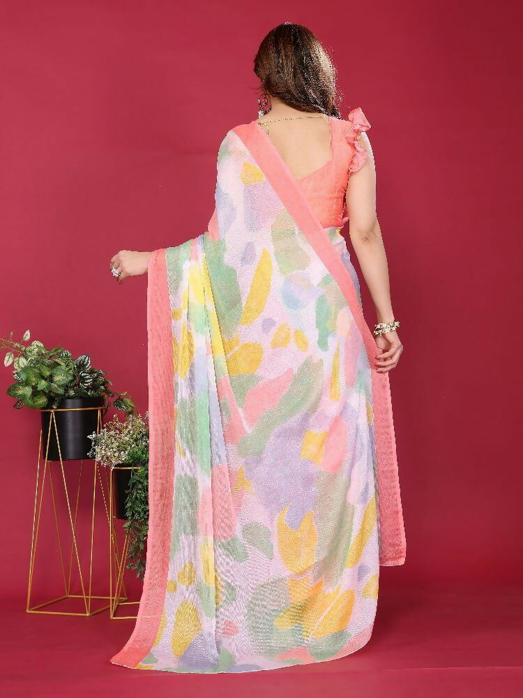Peach Moss Chiffon Printed Saree with Matching Blouse