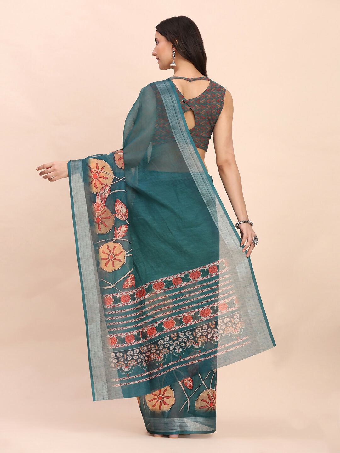 Teal Blue Linen Cotton Saree with Matching Blouse Piece