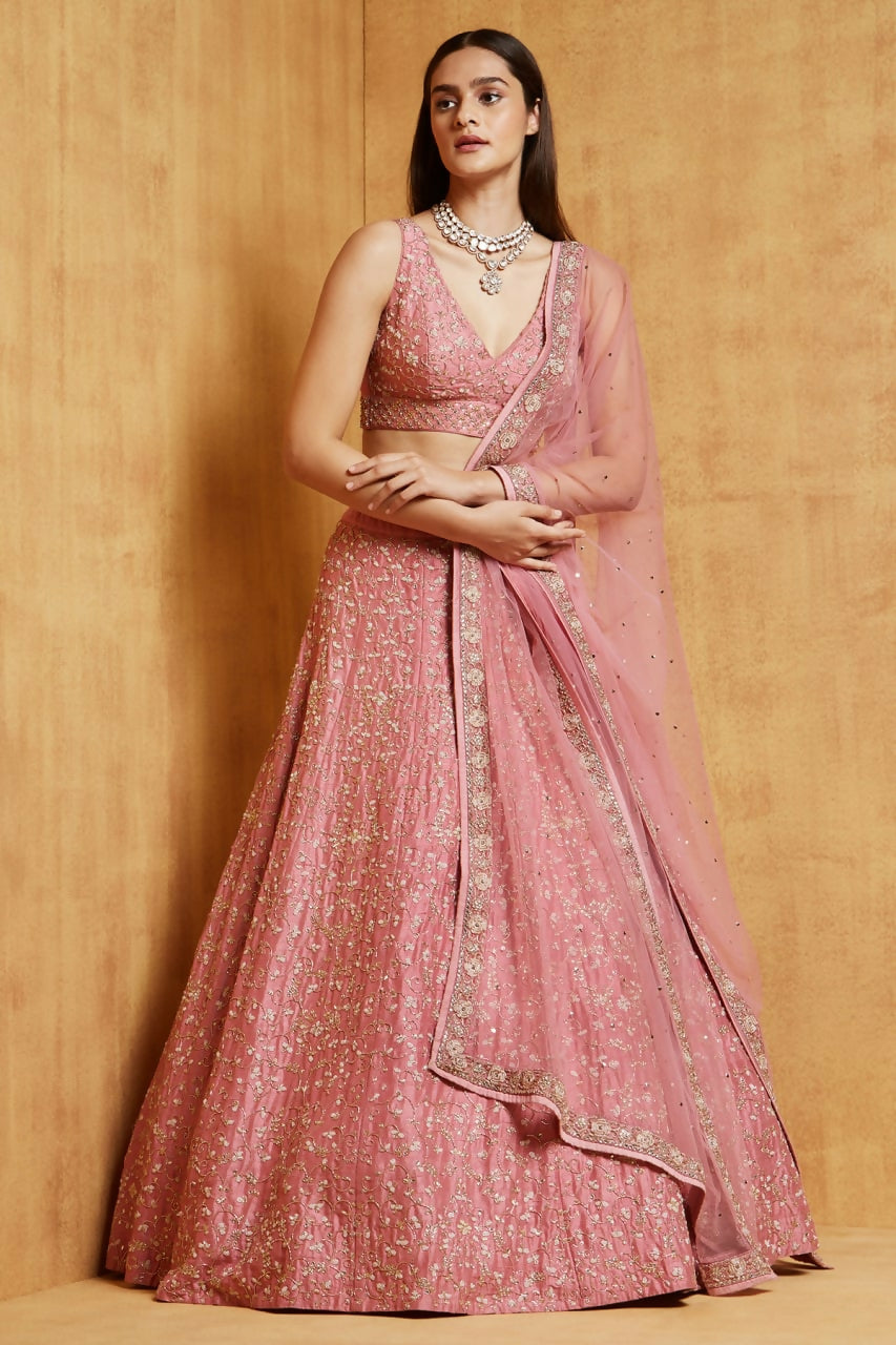 Peach Malai Satin Silk lehenga choli with intricate Zari and sequins embroidery