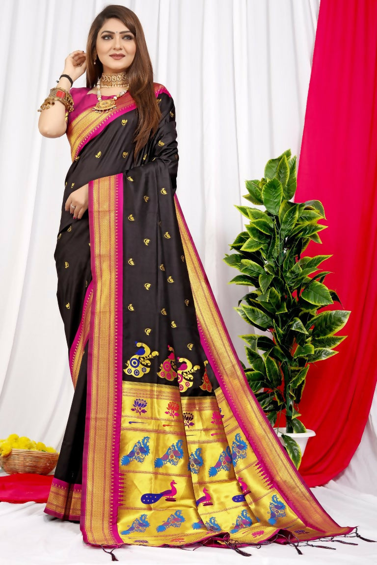 Black Paithani silk saree with zari woven border and magenta blouse