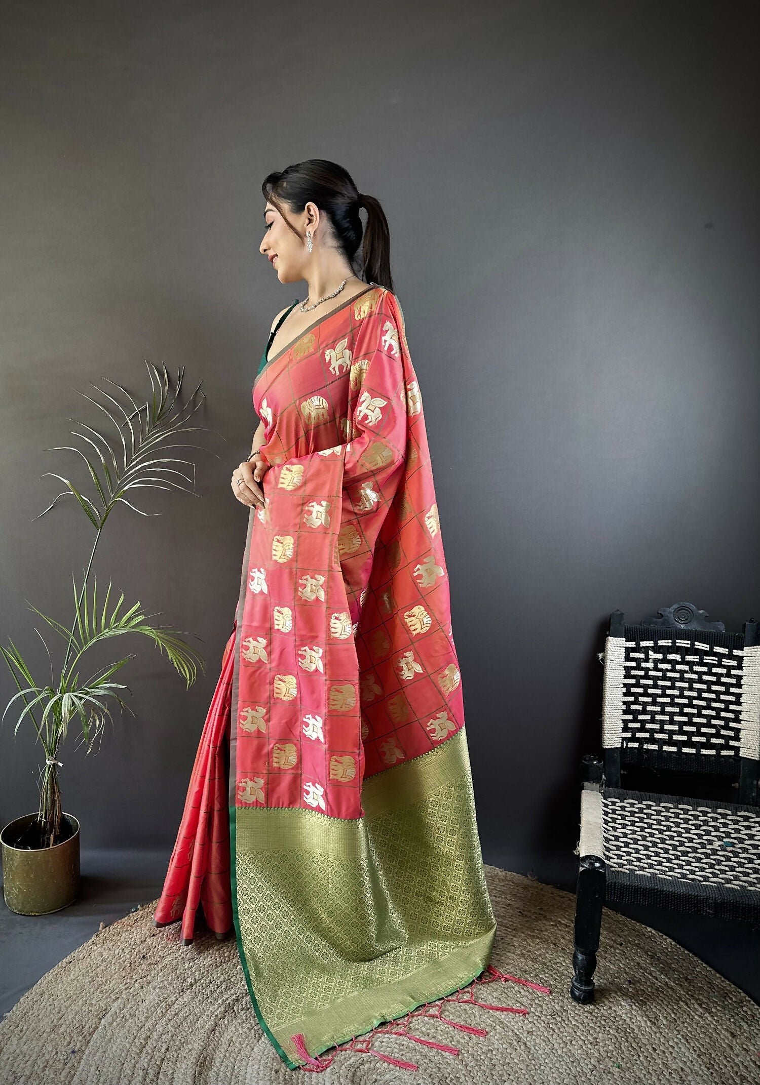 Orange Elephant Motif Soft Silk Banarasi Saree with Green Blouse