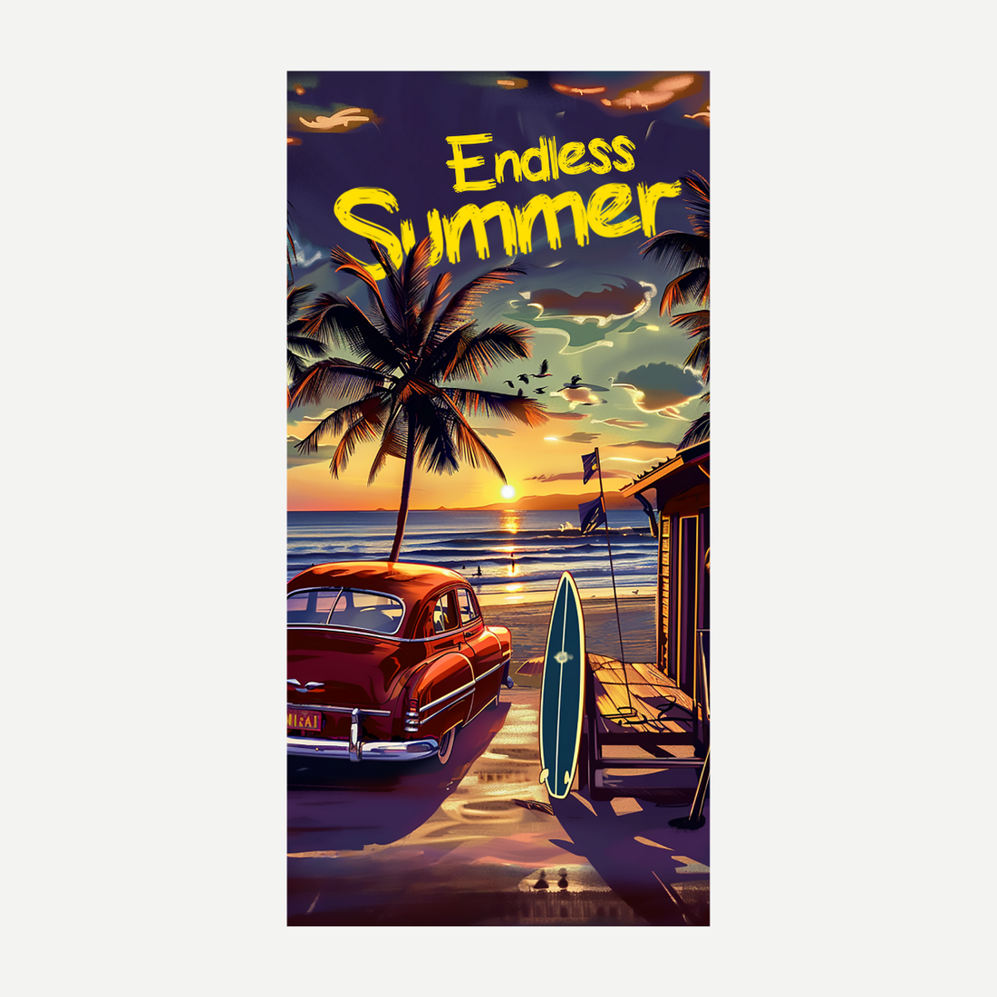 A rectangular beach towel featuring an Endless Summer graphic with a sunset beach scene, a vintage car, palm trees, and a surfboard.