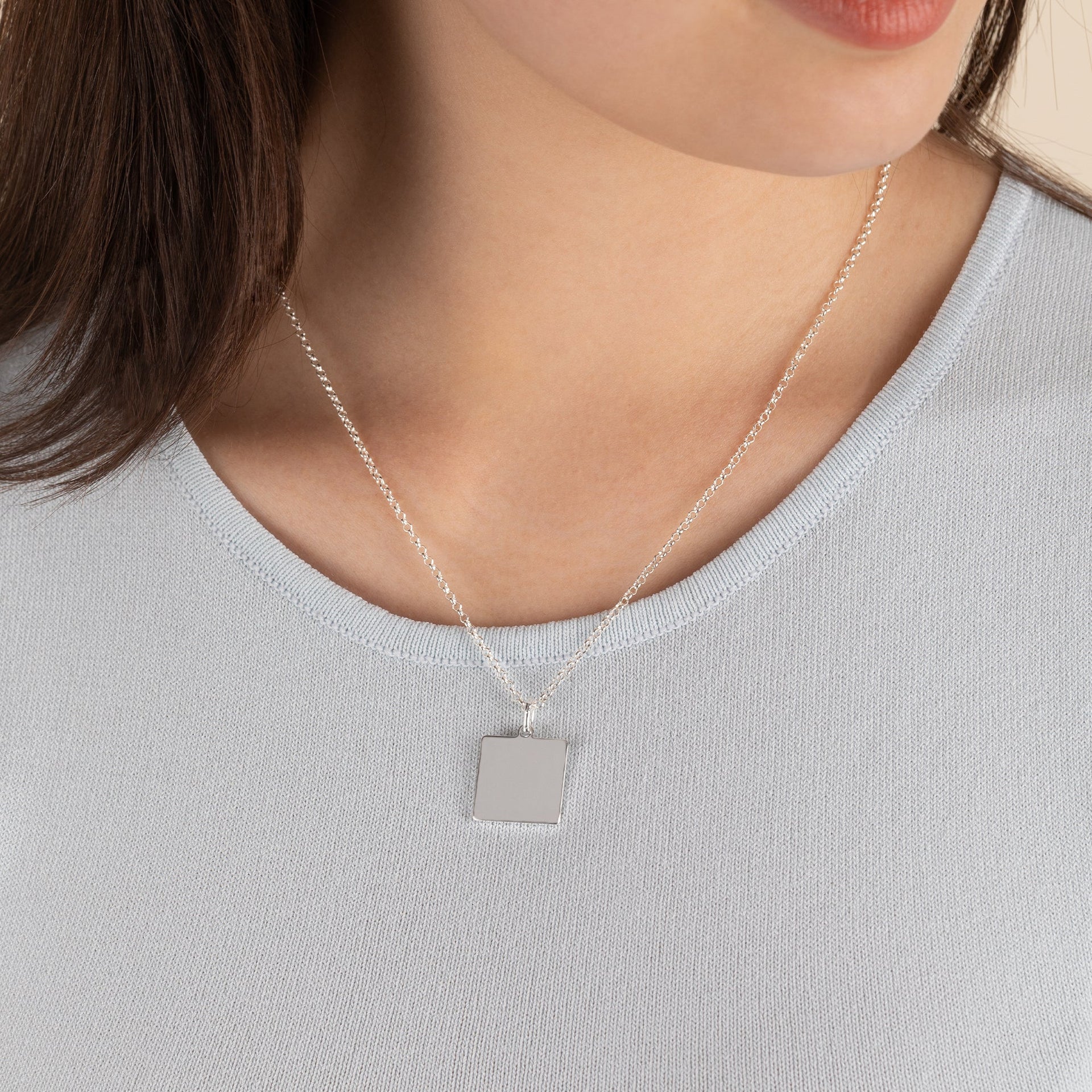 Modern Square Charm Necklace for Women in Gold or Silver 21 Inch