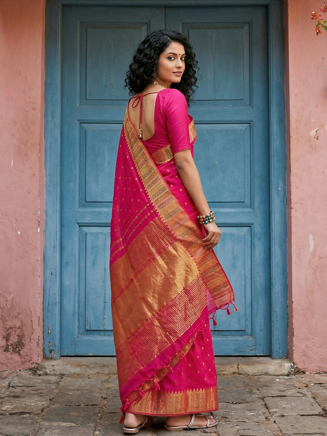 Pink Silk Blend Saree with Matching Blouse Piece